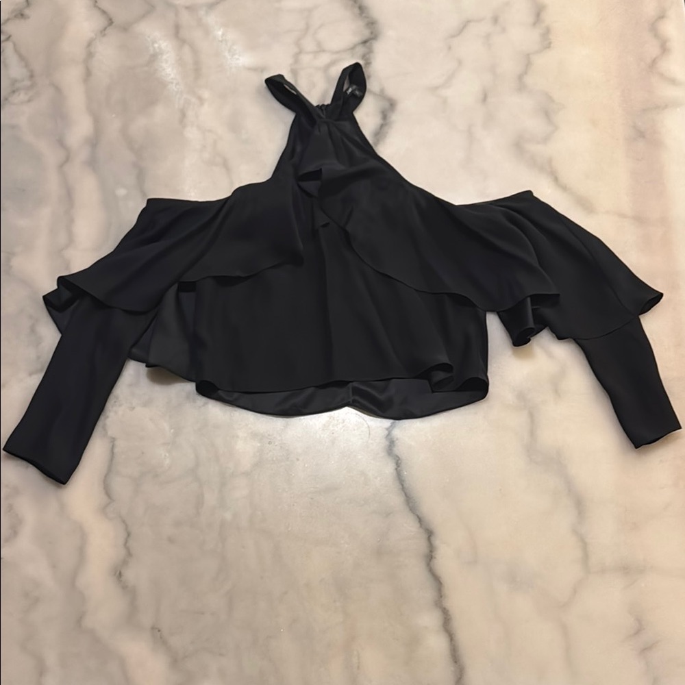 JAYGODFREY Black Cold Shoulder Ruffled Crop Blouse